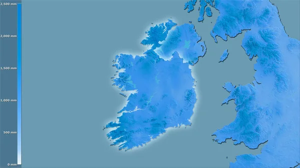 凡例付きの立体投影におけるアイルランド地域内の年間降水量 光輝く輪郭を持つラスター層の生の組成 — ストック写真