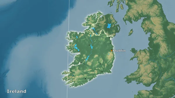 Ireland area on the topographic relief map in the stereographic projection - main composition