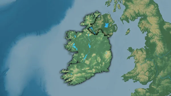 Ireland area on the topographic relief map in the stereographic projection - raw composition of raster layers with dark glowing outline