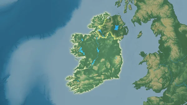 Ireland area on the topographic relief map in the stereographic projection - raw composition of raster layers with light glowing outline