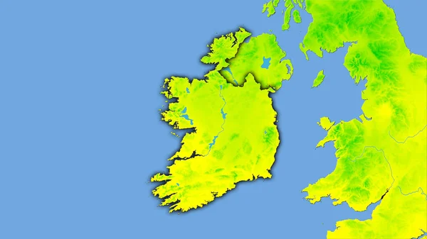 Ireland area on the annual temperature map in the stereographic projection - raw composition of raster layers with dark glowing outline