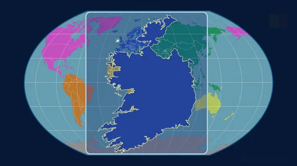 アイルランドのアウトラインを視野線で拡大し カヴァライスキー予測の世界地図に対して 形を中心に 大陸のカラーマップ — ストック写真