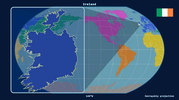 Zoomed-in view of Ireland outline with perspective lines against a global map in the Kavrayskiy projection. Shape on the left side. color map of continents