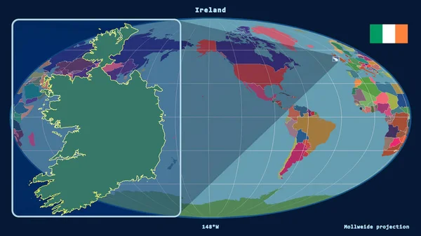 Zoomed Vista Irlanda Contorno Con Linee Prospettiche Contro Una Mappa — Foto Stock