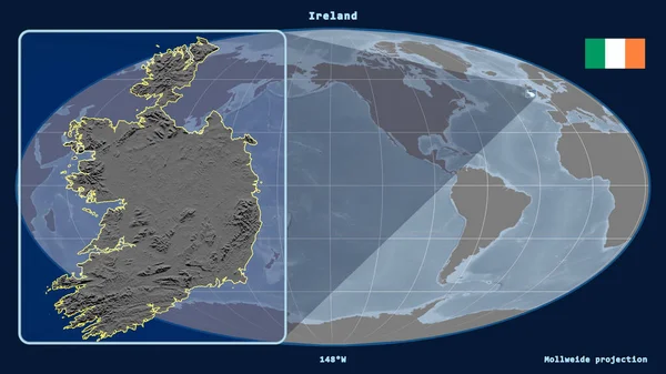 Zoomed-in view of Ireland outline with perspective lines against a global map in the Mollweide projection. Shape on the left side. grayscale elevation map
