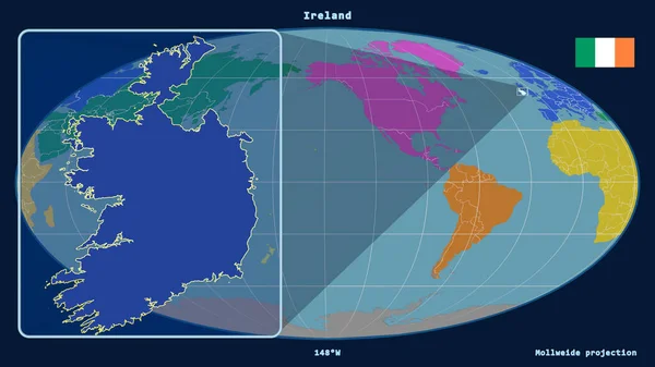 아일랜드의 전망을 Mollweide Projection 지도에 원근선 것이다 왼쪽에 있습니다 대륙의 — 스톡 사진