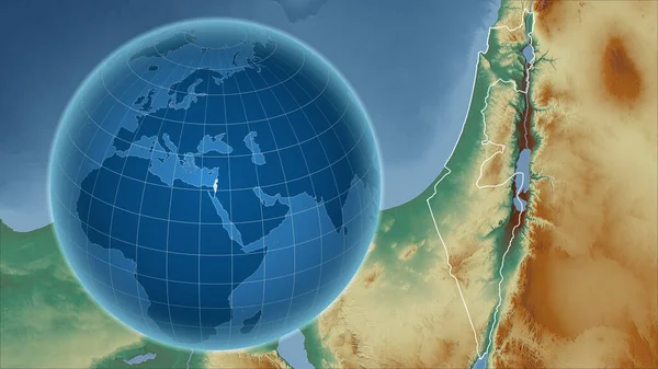 Israel. Globe with the shape of the country against zoomed map with its outline. topographic relief map