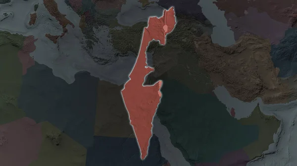Israel area enlarged and glowed on a darkened background of its surroundings. Colored and bumped map of the administrative division
