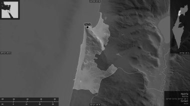 Hayfa, İsrail bölgesi. Gölleri ve nehirleri olan gri tonlu bir harita. Ülke alanına karşı bilgilendirici örtülerle sunulan şekil. 3B görüntüleme