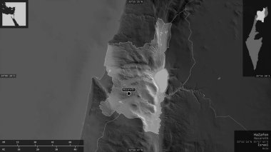 HaZafon, İsrail Bölgesi. Gölleri ve nehirleri olan gri tonlu bir harita. Ülke alanına karşı bilgilendirici örtülerle sunulan şekil. 3B görüntüleme