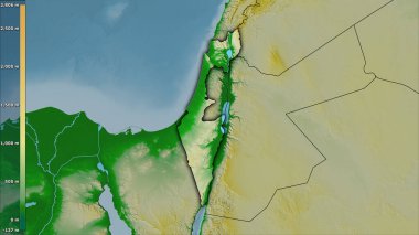 İsrail bölgesinde, efsanevi stereografik projeksiyondaki fiziksel harita. Koyu parlak dış hatları olan raster tabakalarının ham bileşimi.