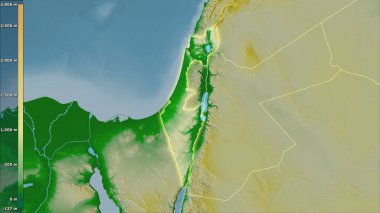 İsrail bölgesinde, efsanevi stereografik projeksiyondaki fiziksel harita - ışık saçan ana hatlı raster tabakalarının ham bileşimi
