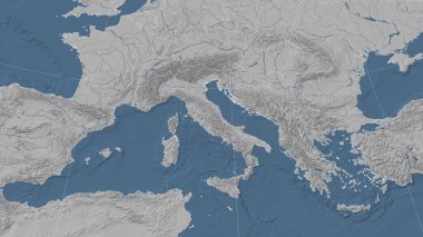 İtalya ve komşuları. Uzak eğimli perspektif - özet yok. Gri tonlama yükseklik haritası