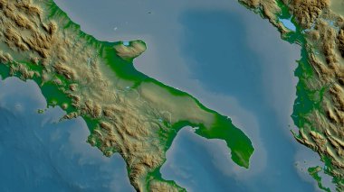 Apulia, İtalya bölgesi. Gölleri ve nehirleri olan renkli gölge verileri. Ülke alanına göre şekillendirilmiş. 3B görüntüleme