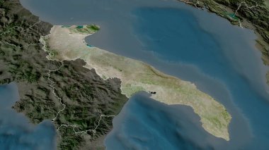Apulia - İtalya 'nın yakınlaştırılmış ve vurgulanmış bölgesi. Uydu görüntüleri. 3B görüntüleme