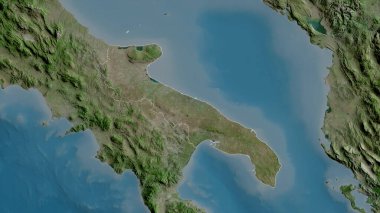 Apulia, İtalya bölgesi. Uydu görüntüleri. Ülke alanına göre şekillendirilmiş. 3B görüntüleme