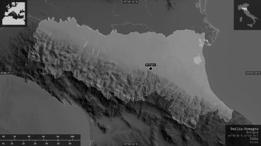 Emilia-Romagna, İtalya bölgesi. Gölleri ve nehirleri olan gri tonlu bir harita. Ülke alanına karşı bilgilendirici örtülerle sunulan şekil. 3B görüntüleme