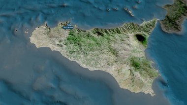 Sicilya - İtalya 'nın özerk bölgesi büyümüş ve sermaye ile vurgulanmıştır. Uydu görüntüleri. 3B görüntüleme