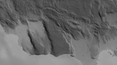 Manchester, Jamaika Kilisesi. Gölleri ve nehirleri olan gri tonlu bir harita. Ülke alanına göre şekillendirilmiş. 3B görüntüleme