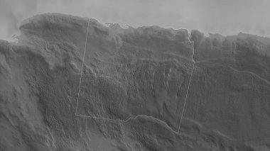 Trelawny, Jamaika kilisesi. Gölleri ve nehirleri olan gri tonlu bir harita. Ülke alanına göre şekillendirilmiş. 3B görüntüleme