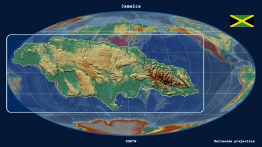 Jamaika 'nın Mollweide projeksiyonundaki küresel haritaya karşı perspektif çizgileriyle yakınlaştırılmış görüntüsü. Sol tarafta bir şekil var. topografik yardım haritası