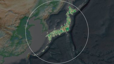 Japonya 'nın genişletilmiş bölgesi çevresinin arka planında bir daire ile çevrili. Renk fiziksel haritası