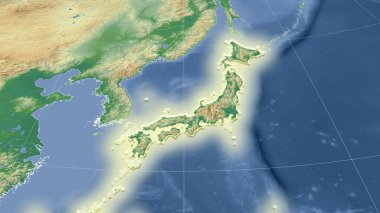 Japonya ve komşuları. Uzak eğimli perspektif - şekil parlıyordu. renk fiziksel haritası