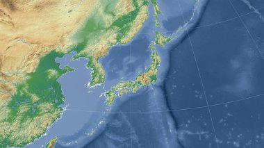 Japonya ve komşuları. Uzak eğimli perspektif - özet yok. renk fiziksel haritası