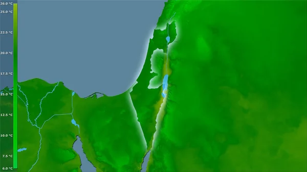 凡例付きの立体投影におけるイスラエルエリア内の年間平均気温 光輝く輪郭を持つラスター層の生の組成 — ストック写真