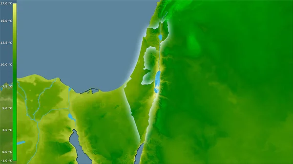 伝説のある立体投影におけるイスラエル地域内で最も寒い四半期の平均気温 光輝く輪郭を持つラスター層の生の組成 — ストック写真