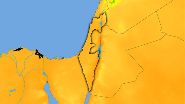 立体投影の年間温度マップ上のイスラエル地域 暗い輝く輪郭を持つラスター層の生の組成 — ストック写真