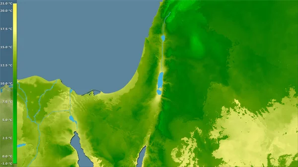 伝説のある立体投影におけるイスラエル地域内で最も暖かい四半期の平均気温 ラスター層の生の組成 — ストック写真