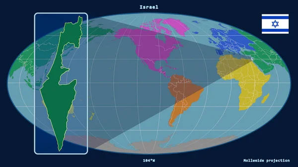 Zoomed View Israel Outline Perspective Lines Global Map Mollweide Projection — Stock Photo, Image