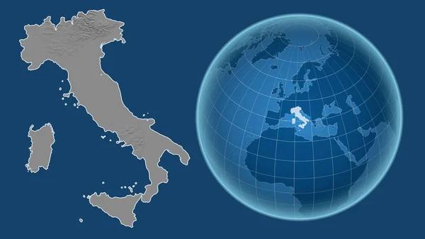 이탈리아 지도의 배경에 고립되어 나라의 지도와 대조되는 모양을 지구본 Grayscale — 스톡 사진