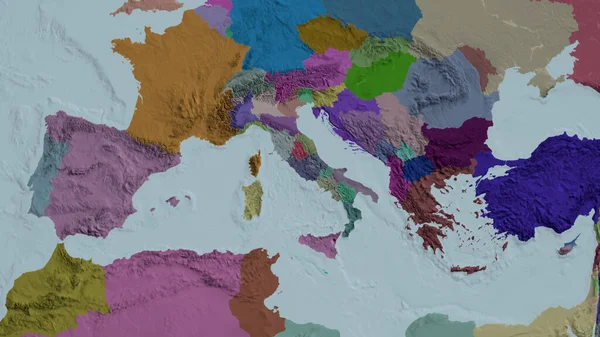 Італія Збільшена Прилегла Кольорові Зігнуті Карти Адміністративного Поділу Візуалізація — стокове фото