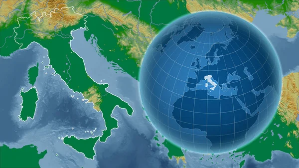 Italia Globo Con Forma Del Paese Contro Mappa Ingrandita Con — Foto Stock