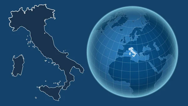 이탈리아 지도의 배경에 고립되어 나라의 지도와 대조되는 모양을 지구본 육지와바 — 스톡 사진