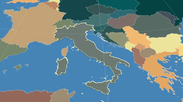 Itálie Její Okolí Vzdálená Šikmá Perspektiva Obrys Barevná Mapa Rozdělení — Stock fotografie