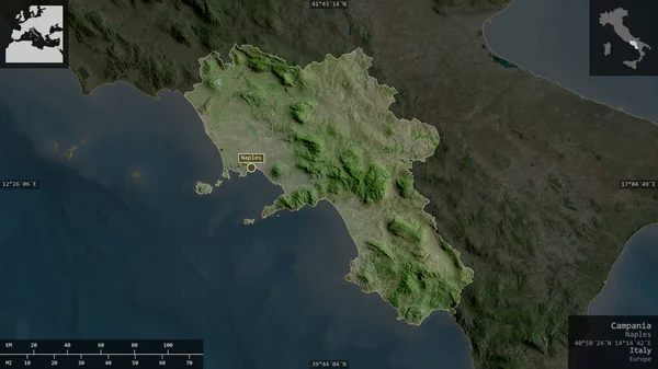 意大利坎帕尼亚地区 卫星图像 以信息覆盖的形式呈现在其国家区域上 3D渲染 — 图库照片
