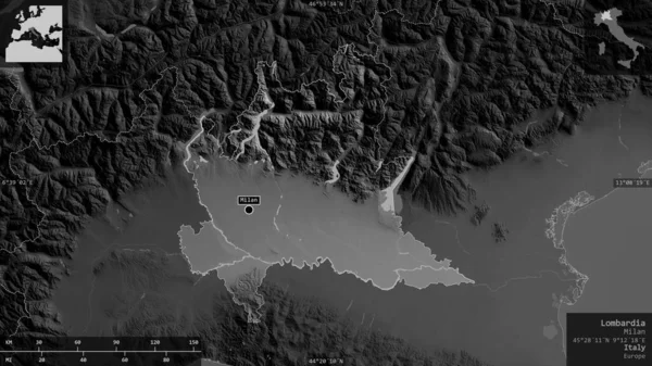 Lombardia Regione Italia Mappa Scala Grigi Con Laghi Fiumi Forma — Foto Stock