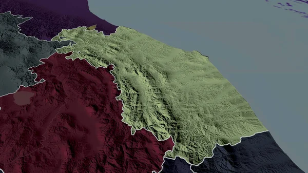 Marche Region Włoch Powiększył Podkreślił Kolorowa Wyboista Mapa Podziału Administracyjnego — Zdjęcie stockowe
