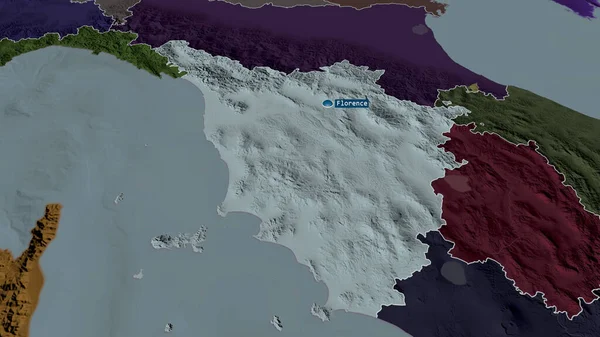 Toscana Region Włoch Powiększył Się Uwypuklił Kapitałem Kolorowa Wyboista Mapa — Zdjęcie stockowe