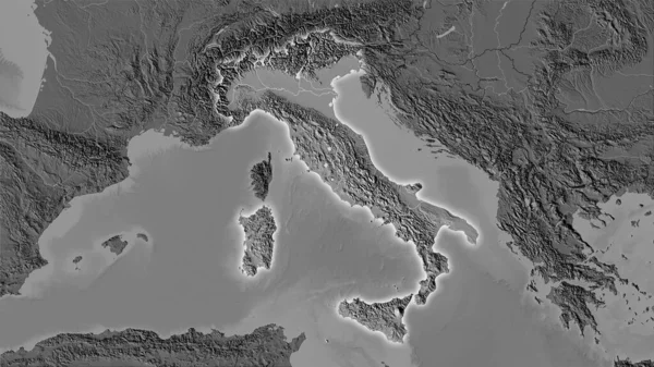 立体投影の二階の標高マップ上のイタリアエリア 光輝く輪郭を持つラスター層の生の組成 — ストック写真