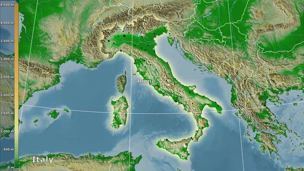Physical map within the Italy area in the stereographic projection with legend - main composition