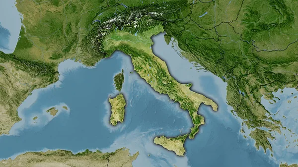 卫星B地图上立体投影中的意大利区域 带有暗发光轮廓的栅格层的原始成分 — 图库照片