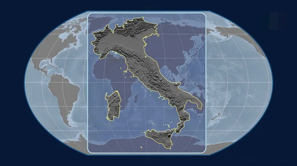 Přiblížený Pohled Itálii Perspektivními Liniemi Proti Globální Mapě Projekci Kavrayskiy — Stock fotografie