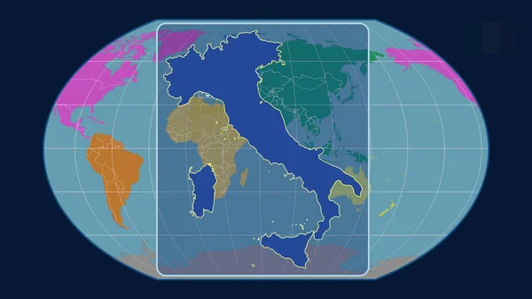 イタリアのアウトラインを視野に入れ 世界地図に対する視点線をカヴァライスキー投影で拡大した 形を中心に 大陸のカラーマップ — ストック写真
