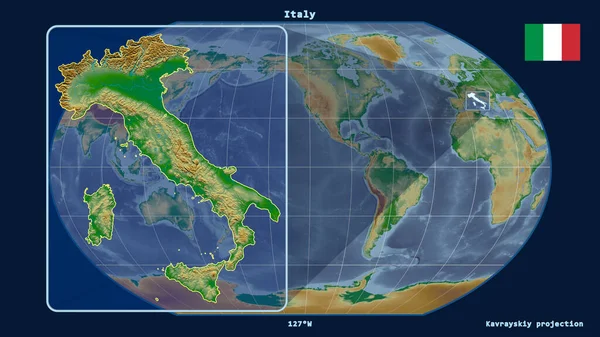 Zoomed-in view of Italy outline with perspective lines against a global map in the Kavrayskiy projection. Shape on the left side. color physical map