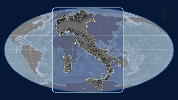 Olaszország Tekintetében Mollweide Projekcióban Egy Globális Térképpel Szemben Vázolt Perspektívákkal — Stock Fotó