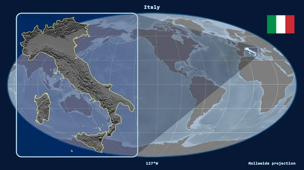 Vergrößerte Ansicht Von Italien Mit Perspektivischen Linien Gegen Eine Weltkarte — Stockfoto